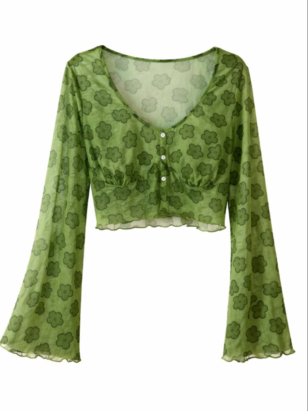 🛍️2/$10 Green Floral Sheer Long Sleeve Crop Top with Bell Sleeves